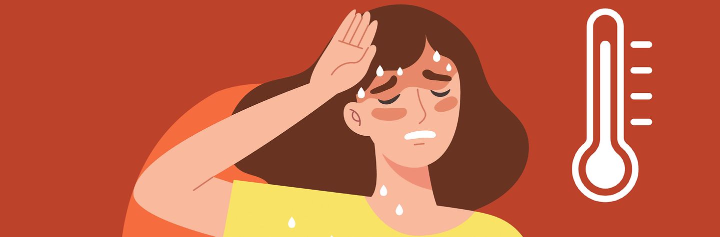 Illustration: Eine stark schwitzende Person streicht sich mit der Hand die Haare aus der Stirn. Über ihr scheint die Sonne.